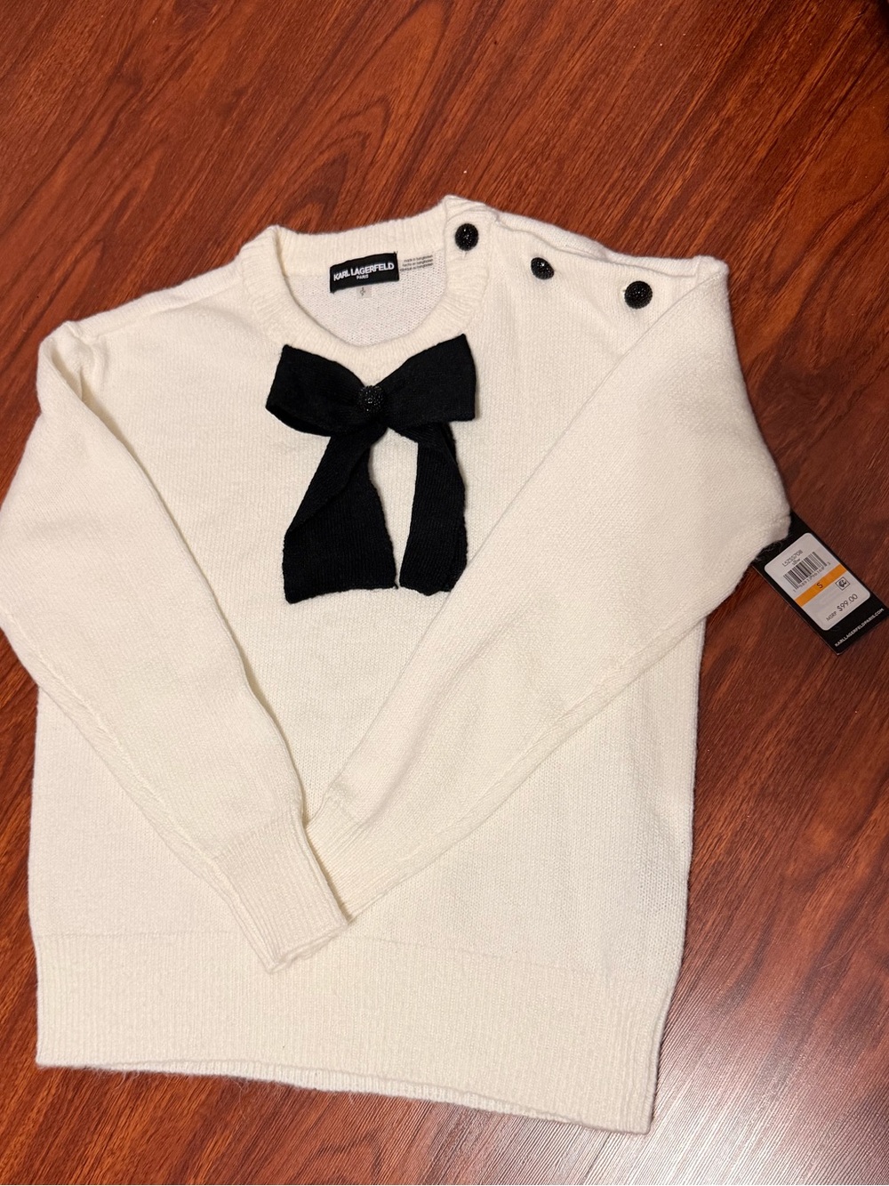 Karl Lagerfeld Cream Crewneck Sweater with Black Bow Accent